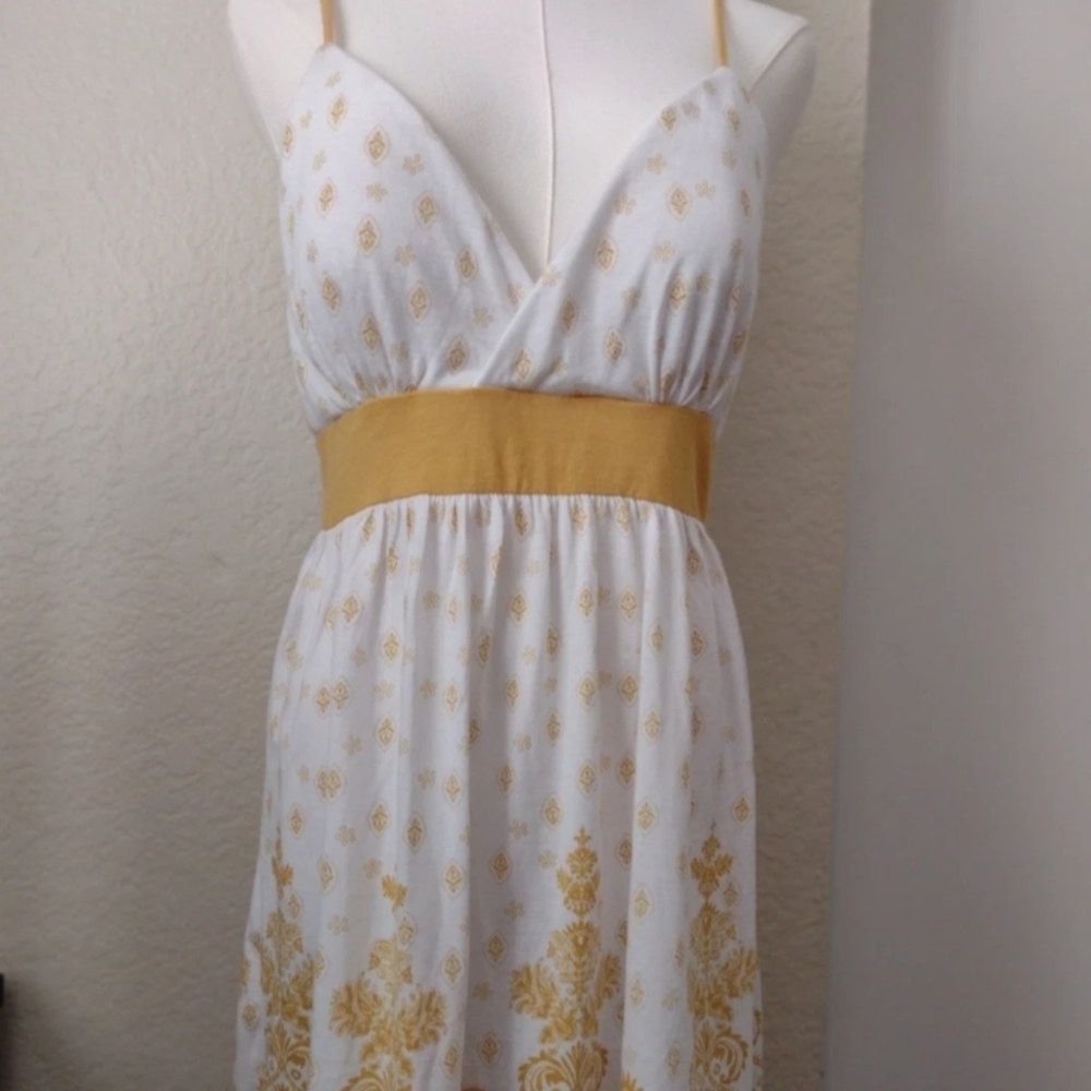 Large Jou Jou Spaghetti Adj Strap White Yellow Mini Dress Bohemian